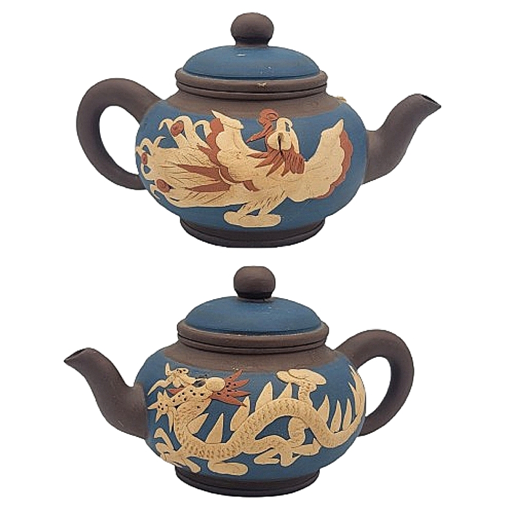 Chinese Yixing Zisha Teapot Dragon & Phoenix Blue Clay Carved 7" Lid Stamp Vinta